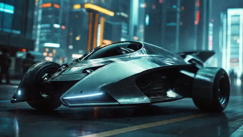 Vehículo futurista en ciudad brillante