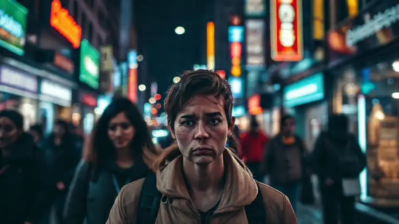 Ciudad nocturna, caótica y desorientada